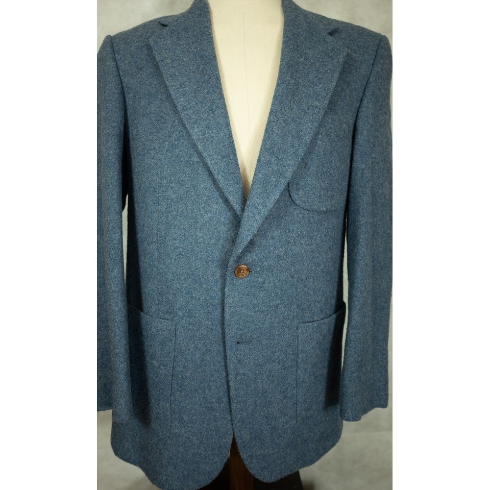 Lands End Mens 42L Wool Sport Coat Blazer Blue Heather Two Button Patch Pockets
